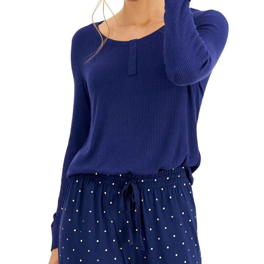 Charter Club Womens Size XS Long Sleeve Ribbed Henley Pajama Top in Blue 1002